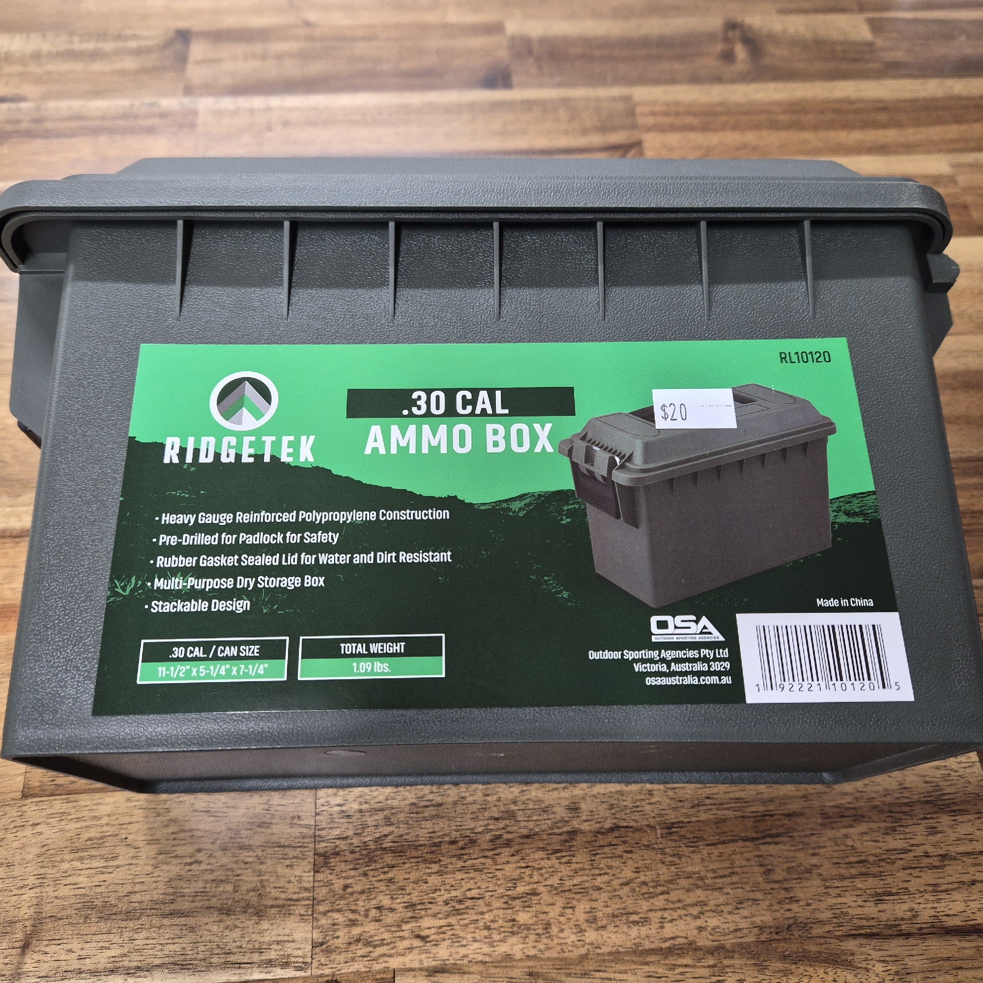 RIDGETEK .30CAL AMMO BOX OD GREEN INC PADLOCK (12 CARTON)