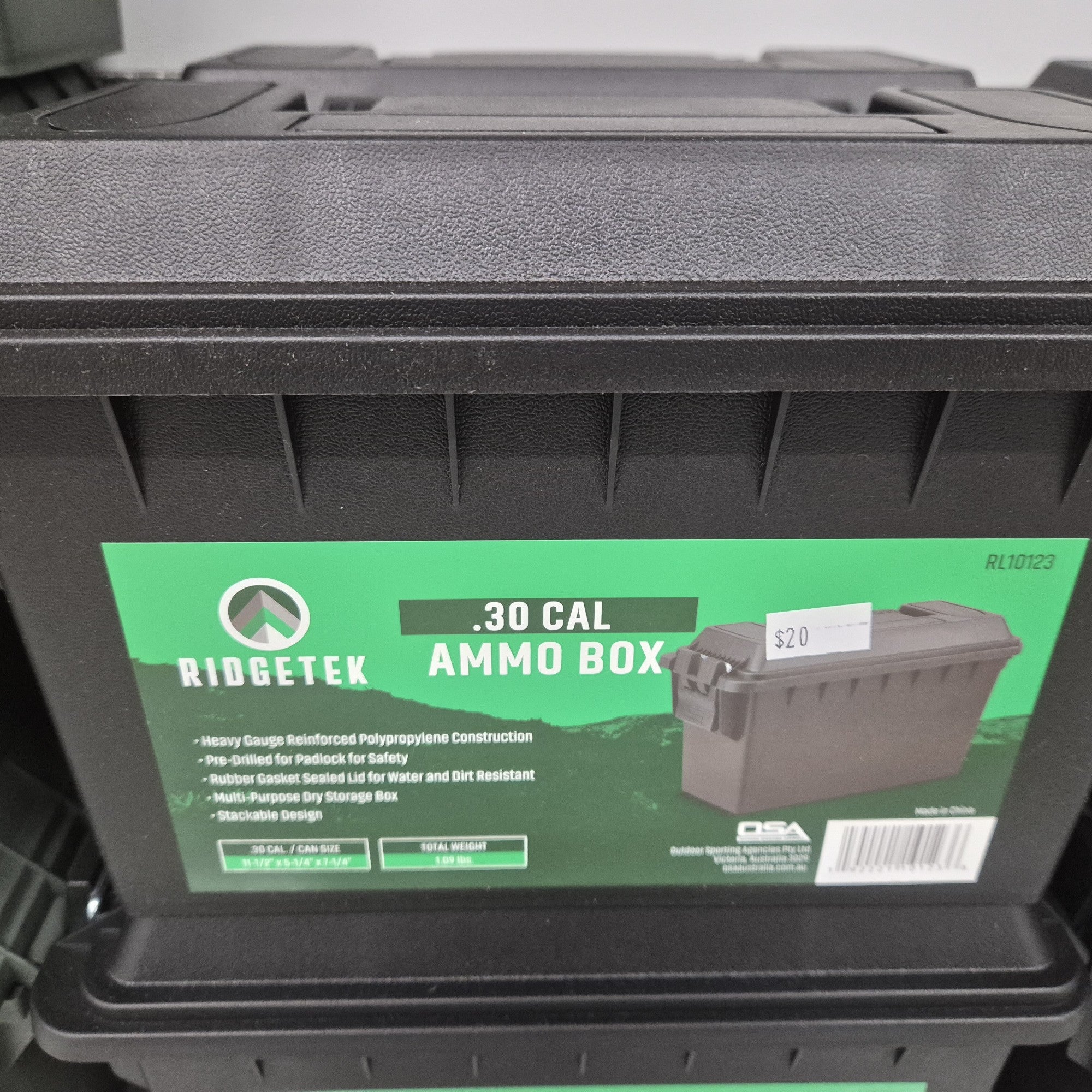 RIDGETEK .30CAL AMMO BOX BLACK INC PADLOCK (12 CARTON)