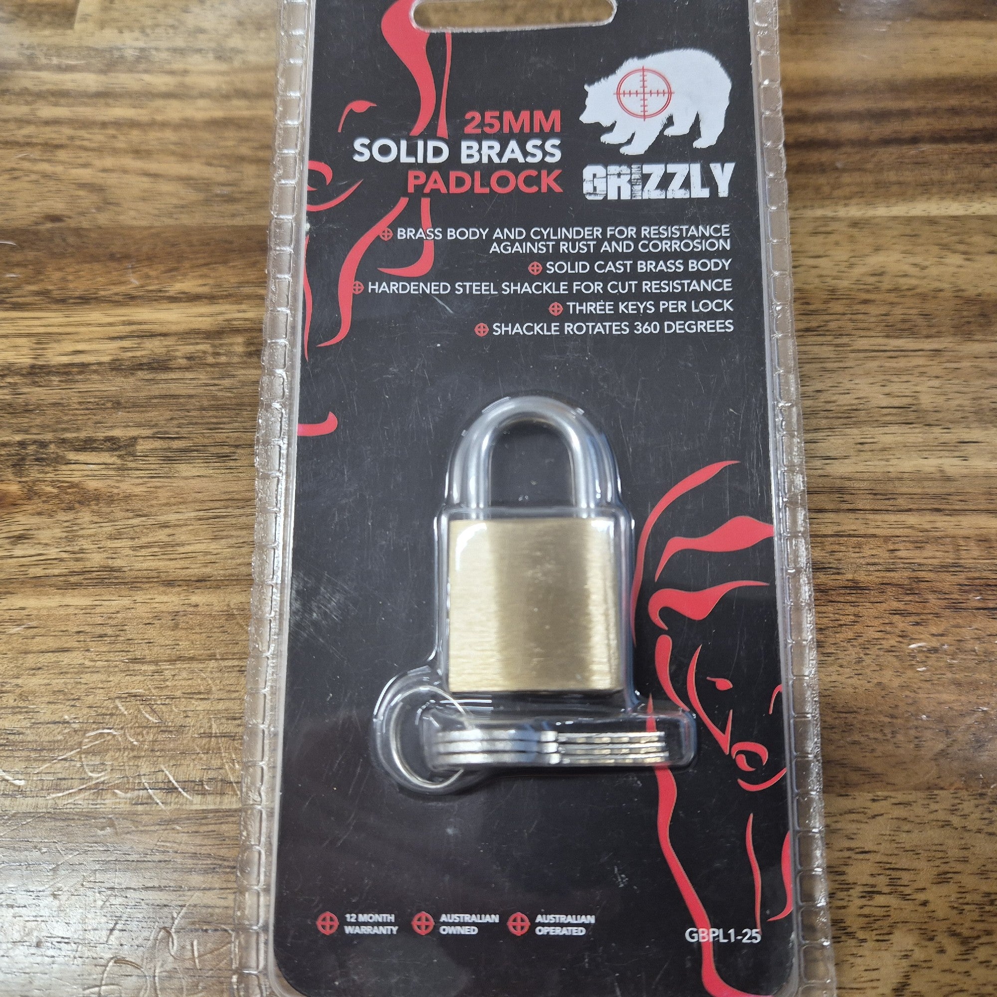 GRIZZLY BRASS PADLOCK 25MM SINGLE PACK