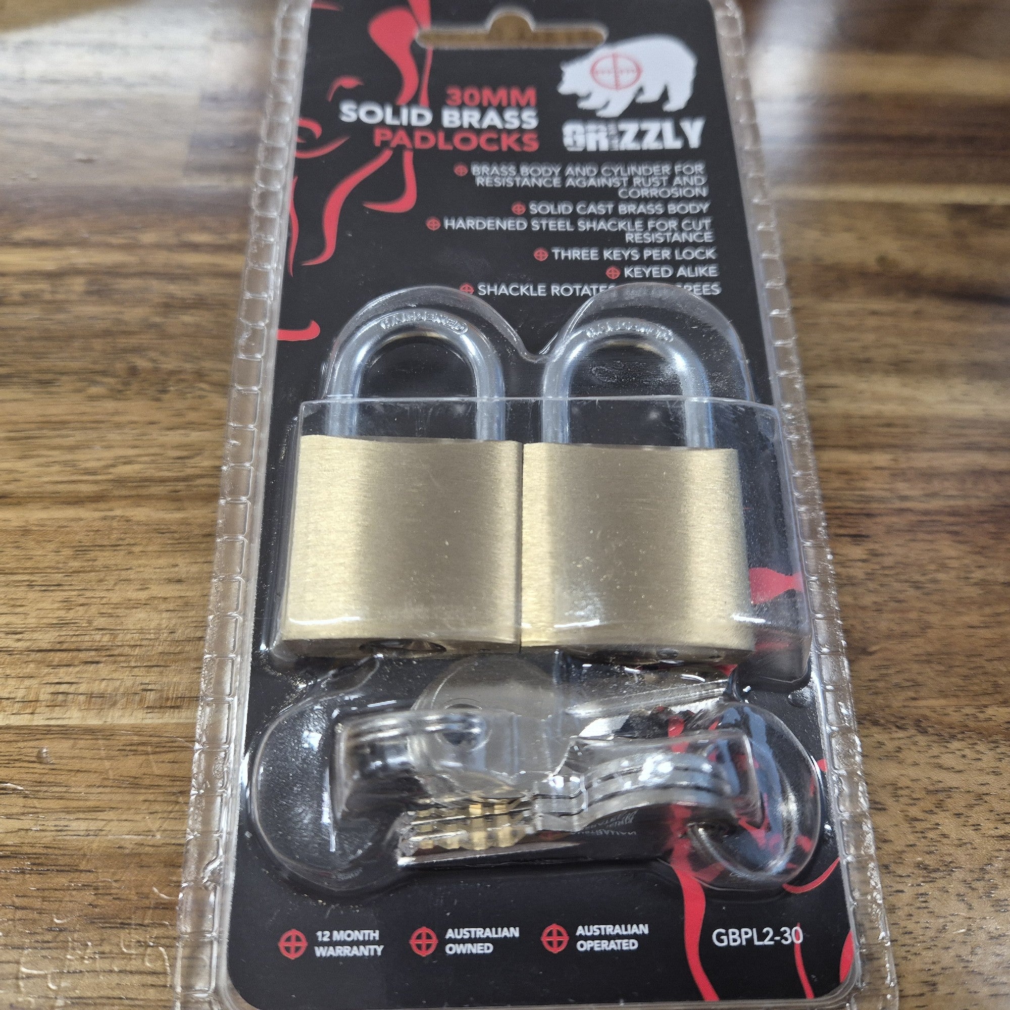 GRIZZLY BRASS PADLOCK 30MM TWIN PACK