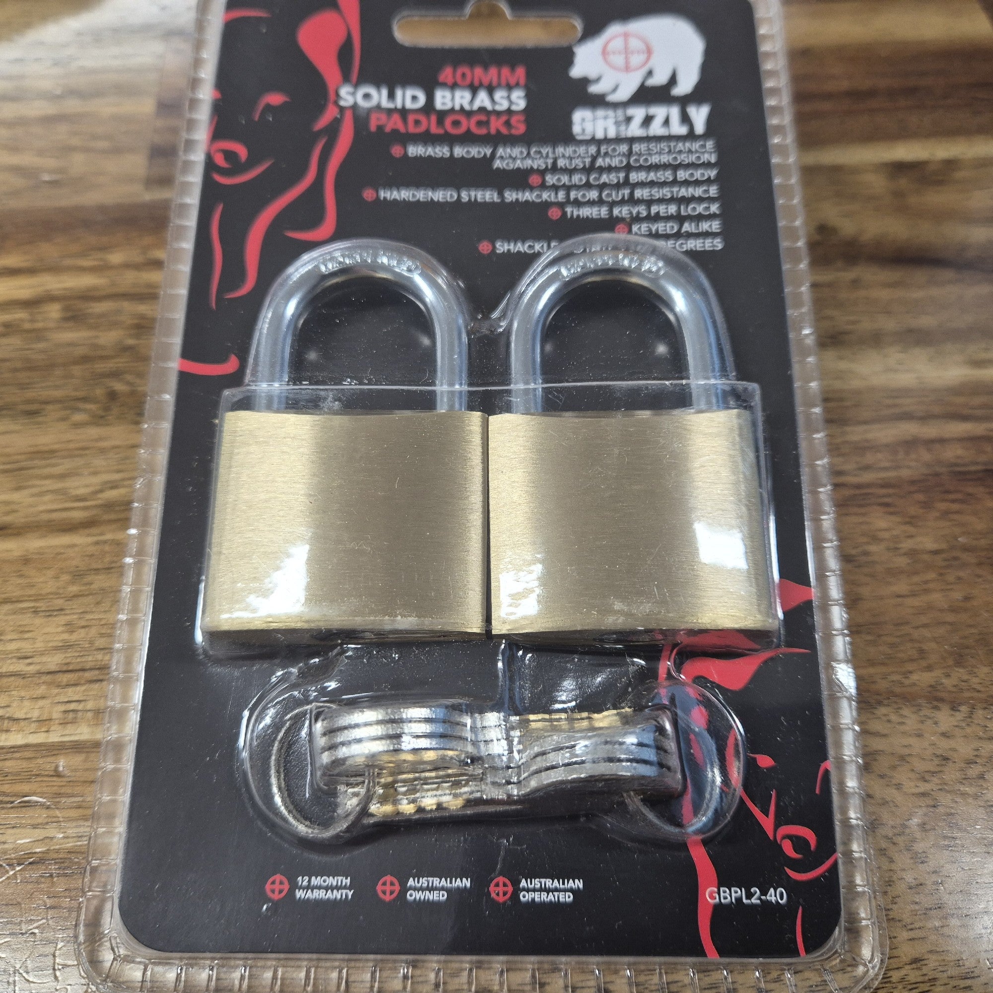GRIZZLY BRASS PADLOCK 40MM TWIN PACK